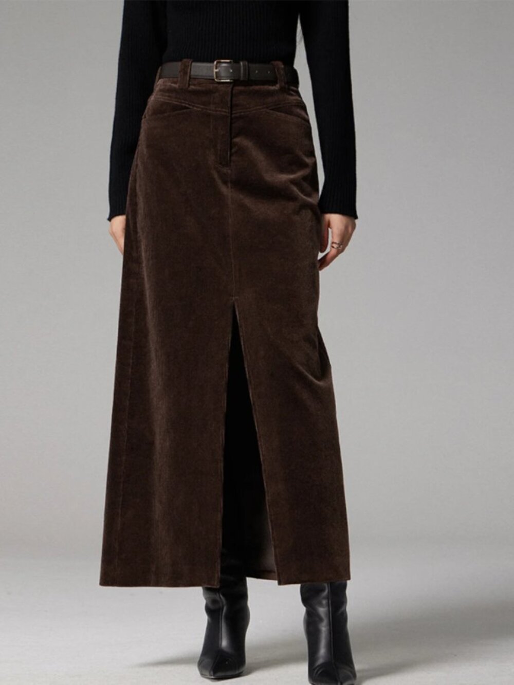 Commense Brown Pockets Corduroy Slit Maxi Skirt - Medium